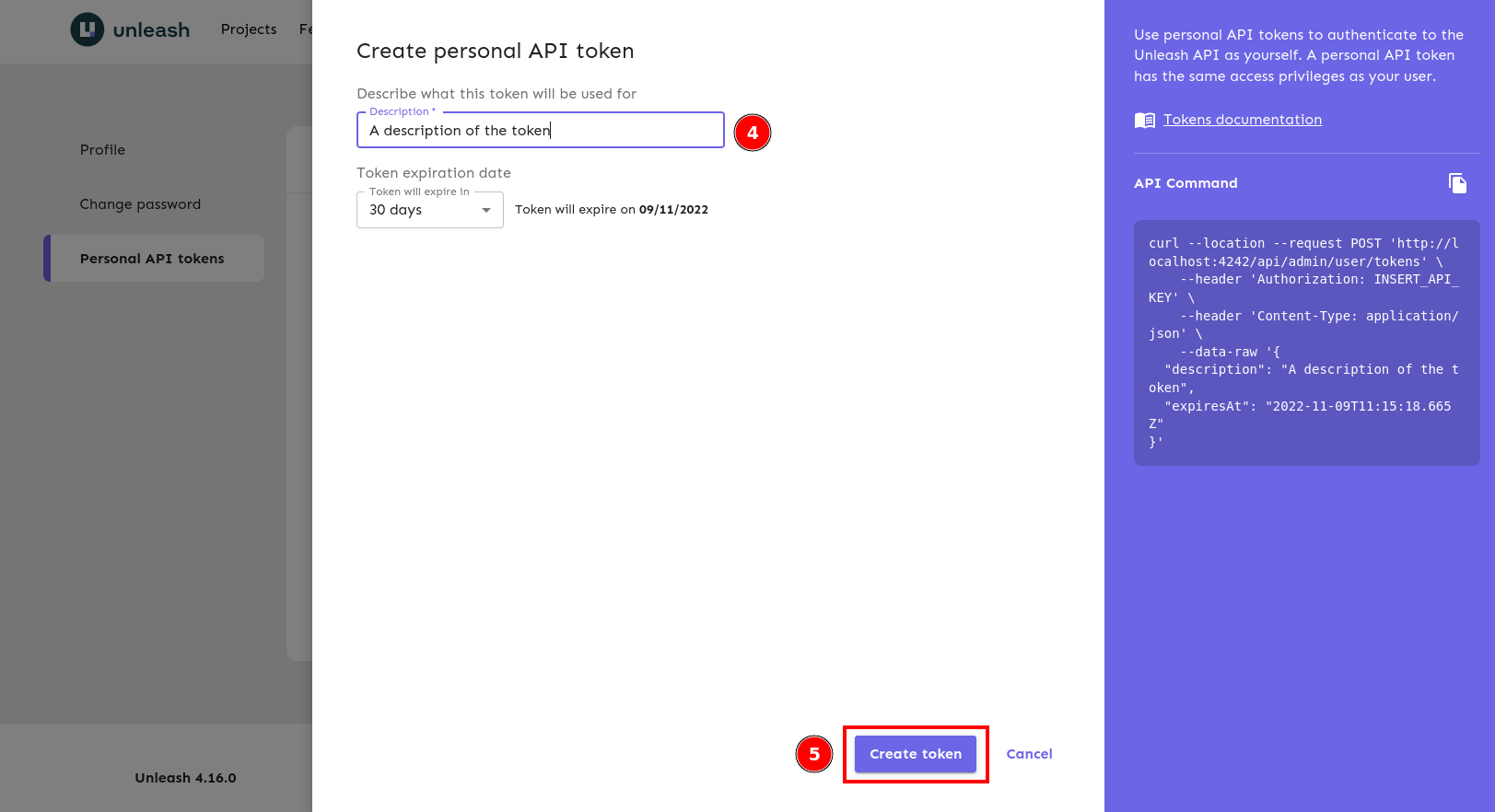 The New Token form with the description text box and create element highlighted. 